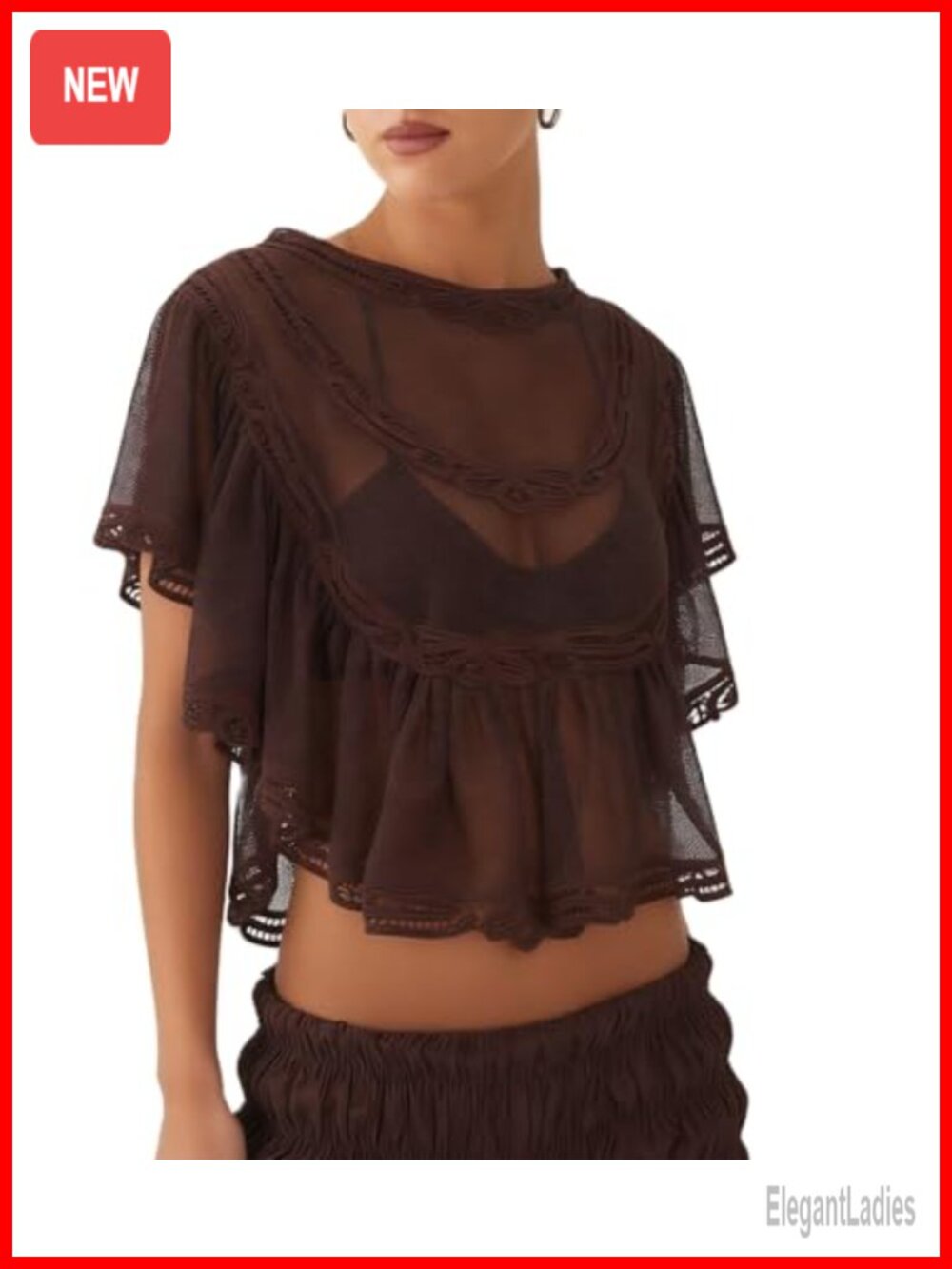 Sheer Lace Cropped Top Off-Shoulder Ruffle Sleeve Mesh Blouse Y2K Cover-Up
